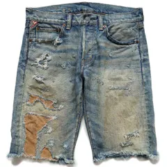 DENIM&SUPPLY ラルフローレン ダメージ&パッチワーク リペア ビンテージ加工 カットオフ デニム ショートパンツ 30★ショーツ ボロ ヒゲのサムネイル