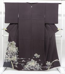 □E4807□正絹□藤煤竹色 藤柄 三つ紋 単衣 色留袖□着丈160 裄丈67 