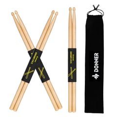 Brand new Donner drumsticks, 3 pairs (5A), maple wood, for drum pads, snare drums, percussion instruments, beginners, practice, with bag. A perfect Christmas or birthday gift.