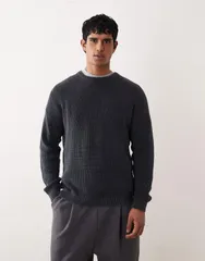 エイソス メンズ アウター ニット・セーター クルーネック リブ ASOS DESIGN relaxed knit ribbed crew neck sweater acid wash NAVY ネイのサムネイル