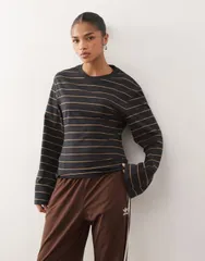 モンキ レディース トップス Tシャツ Monki cinched long sleeve top stripe Black ブラックのサムネイル