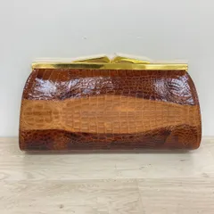 ワニ革/クロコダイル クラッチバッグ セカンドバッグ ブラウン 茶色 がま口 ゴールド金具 レディース[OB03698]のサムネイル