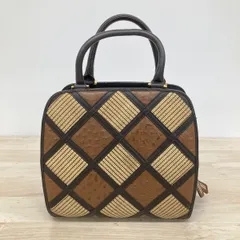 美品 JR Takashimaya/ジェイアール名古屋タカシマヤ ハンドバッグ オーストリッチ調/編み込み風 ブラウン/茶 チェック柄[OQ02199]のサムネイル