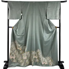 色留袖 身丈169cm 裄丈67.5cm L 袷 向かい鳥 草花 刺繍 金彩 灰緑 正絹 秀品 一つ紋 【中古】のサムネイル