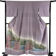 色留袖 身丈159cm 裄丈65cm M 袷 万葉の光 落款 風景 枝花 ぼかし 薄紫 正絹 秀品 三つ紋 【中古】のサムネイル