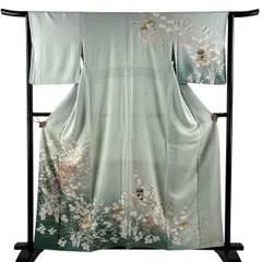訪問着 身丈157.5cm 裄丈64cm M 袷 貝桶 短冊 金彩 ぼかし 薄緑 正絹 秀品 【中古】のサムネイル
