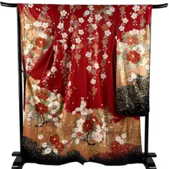 振袖 身丈166.5cm 裄丈66cm M 袷 花車 波 金彩 赤 正絹 秀品 【中古】のサムネイル