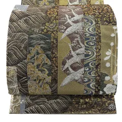 【美品】 袋帯 秀品 関西仕立て 短冊 鶴 金銀糸 箔 黒 六通 正絹 【中古】