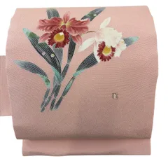 名古屋帯 逸品 人間国宝 羽田登喜男 落款 草花 縮緬 ピンク 正絹 【中古】のサムネイル