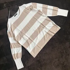 【7-IDconcept】オーバーシルエットボーダー柄シンプルカットソー/フリーサイズ/ホワイト×ベージュ/レーヨン・ナイロンのサムネイル