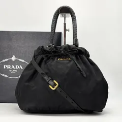 【しなやかに包み込む】　PRADA 　リボンハンドバッグ 2WAY ショルダーバッグ ナイロン レザー ギャザー 編み込みハンドル　黒