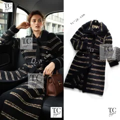シャネル コート CHANEL ダークネイビー ゴールド ボーダー ウール ニット ロング カーディガン ベルト付き ランウェイ 超美品 36 38 40 42のサムネイル