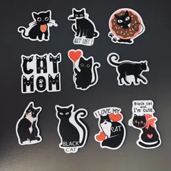 防水ステッカー　10枚セット　『 ペット　猫　ネコ　CAT　黒ネコ　可愛い 』　シールセット　.　iPhoneやスマホケース、MacBookに最適！　レトロ　輸入雑貨　(STK030)のサムネイル
