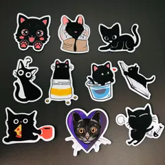 防水ステッカー　10枚セット　『 ペット　猫　ネコ　CAT　黒ネコ　可愛い 』　輸入雑貨　iPhoneやスマホケース、MacBookに最適！　シールセット　.　レトロ　(STK028)のサムネイル