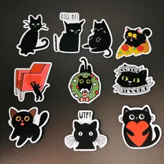 10枚セット　防水ステッカー　『 ペット　猫　ネコ　CAT　黒ネコ　可愛い 』　レトロ　.　iPhoneやスマホケース、MacBookに最適！　輸入雑貨　シールセット　(STK029)のサムネイル