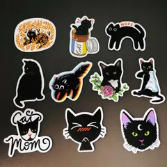 10枚セット　防水ステッカー　『 ペット　猫　ネコ　CAT　黒ネコ　可愛い 』　.　iPhoneやスマホケース、MacBookに最適！　レトロ　輸入雑貨　シールセット　(STK027)のサムネイル