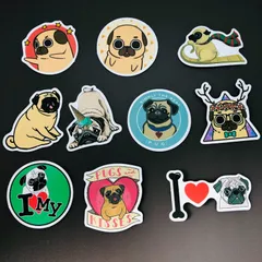 防水ステッカー　10枚セット　『 ペット　パグ　可愛い　犬　DOG PUGS 』　シールセット　レトロ　iPhoneやスマホケース、MacBookに最適！　.　輸入雑貨　(STK025)のサムネイル