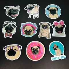 10枚セット　防水ステッカー　『 ペット　パグ　可愛い　犬　DOG PUGS 』　iPhoneやスマホケース、MacBookに最適！　.　シールセット　レトロ　輸入雑貨　(STK026)のサムネイル