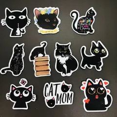 10枚セット　防水ステッカー　『 ペット　猫　ネコ　CAT　黒ネコ　可愛い 』　iPhoneやスマホケース、MacBookに最適！　.　レトロ　シールセット　輸入雑貨　(STK034)のサムネイル