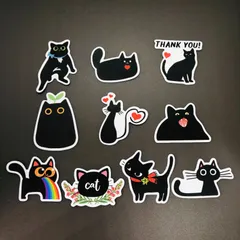 10枚セット　防水ステッカー　『 ペット　猫　ネコ　CAT　黒ネコ　可愛い 』　輸入雑貨　レトロ　iPhoneやスマホケース、MacBookに最適！　.　シールセット　(STK035)のサムネイル