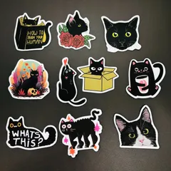 防水ステッカー　10枚セット　『 ペット　猫　ネコ　CAT　黒ネコ　可愛い 』　シールセット　iPhoneやスマホケース、MacBookに最適！　輸入雑貨　レトロ　.　(STK033)のサムネイル