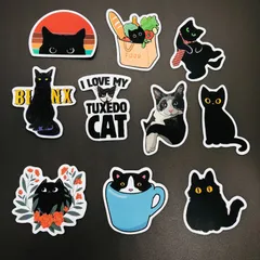 10枚セット　防水ステッカー　『 ペット　猫　ネコ　CAT　黒ネコ　可愛い 』　レトロ　iPhoneやスマホケース、MacBookに最適！　輸入雑貨　.　シールセット　(STK032)のサムネイル
