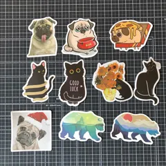 防水ステッカー　10枚セット　猫　くま　パグ犬　CAT DOG 　シールセット　iPhoneやスマホケース、MacBookに最適！　　輸入雑貨　レトロ　.(STK008)のサムネイル