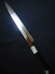 城山刃物製作所(堺業務用刃物メーカー直売)九寸　極薄柳刃　超鋼スーパー本焼き(セミステン)(錆びにくい)両鏡面　表城山刻印入り　黒檀上下白水牛柄のサムネイル
