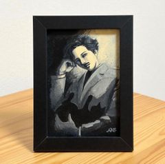 架空の昭和の文豪3 手描き アクリル画 人物画 男 黒猫 イラスト 猫