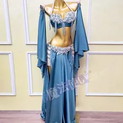 ベリーダンス ダンス衣装 セット ハロウィン コスプレ 仮装 パーティー 余興用 レッスン着 袖 ブラ スカート(インナーパンツ付き) ３点セット 社交ダンス　発表会　ラテンダンス　演出　団体 忘年会 新年会　キラキラ きらきら CWF273のサムネイル