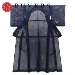【中古】 小紋 紗 正絹(金銀糸除く) 着丈約155cm 裄丈約63.5cm ネイビー レッド シルバー 夏物 和装 呉服 和服 きもの レディース 女性のサムネイル