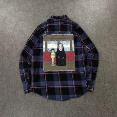 SPIRITED AWAY 스튜디오 지브리 스피릿 어웨이 긴팔 셔츠 체크 셔츠 로고 자수 카오나시 그래픽 프린트 포켓 블루