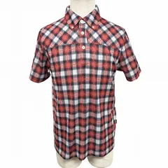 【中古】[印象AB] IGNIO イグニオ ポロシャツ プルオーバーシャツ風 メンズ M レッド 赤×橙×黒系×灰×白 ポリエステル100% チェック柄 ボタンダウン 半袖 中国製 古着 ポケット無し 裾の両サイドにスリット ショートスリーブのサムネイル
