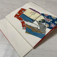 の*り様 美品 正絹 塩瀬 名古屋帯 オフホワイト めざし 干物 魚柄
