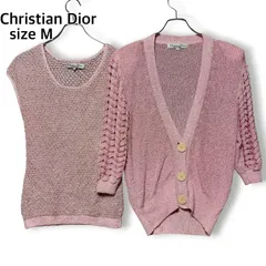 クリスチャンディオール Christian Dior レーヨン100% アンサンブル カーディガン 半袖 ニット トップス メッシュ 透かし編み Vネック 桃色 ピンク M ラメ エレガント 上品 華やか お呼ばれ デート お出かけ 春夏秋 ヴィンテージのサムネイル