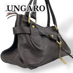 【美品】UNGARO ウンガロ シュリンクレザー シボ革 ハンドバッグ トートバッグ 本革 ダークブラウン こげ茶 ゴールド金具 ロゴプレート チャーム付 レディース カバン かばん 鞄 高級 オシャレ 上品 希少 レア ブランド　y2kのサムネイル