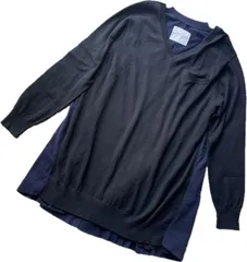 【希少】sacai サカイ ニット チュニック レディース M 長袖 バイカラー 黒 紺 シルク 裾レース 裏地あり Vネック トップス ゆったりのサムネイル