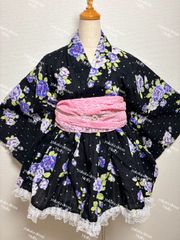 浴衣ドレス 大人用 姫ギャル 花 地雷 フリルレース 黒 ブラック 薔薇
