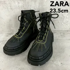 美品 ZARA ザラ 厚底アンクルブーツ 36 23.5cm ブラック イエローステッチ レースアップ ブーツ 編み上げ トラックソール レディース 靴 シューズ カジュアル ストリート 秋 冬 おしゃれ シンプル 万能 ★ ■■