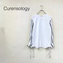 美品 Curensology カレンソロジー シアーストライプシャツスリーブカットソー 異素材 袖口リボン クルーネック sizeF ホワイト 綿 シルク リネンのサムネイル
