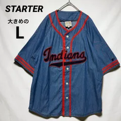 90s STARTER Cooperstown Collection Indians デニム ベースボールシャツ L XL相当 スターター クリーブランドインディアンス MLB 半袖 シャツ 刺繍 ワッペン オーバーサイズ ヴィンテージ 背番号なしのサムネイル