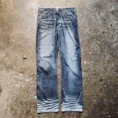 Marithe Francois Girbaud 2000s wrinkle print denim pants, trompe l'oeil, semi-flare.