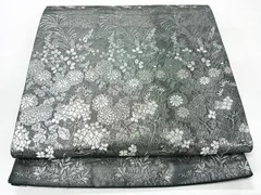 平和屋着物◎六通柄袋帯　草花文　黒地　銀糸　正絹　逸品　CABI4423nbのサムネイル