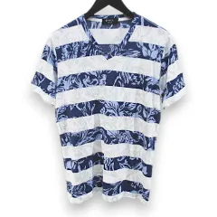 エポカ ウォモ EPOCA UOMO ボタニカル柄 ボーダー 半袖 Tシャツ カットソー Vネック 48 青系 ブルー 日本製のサムネイル