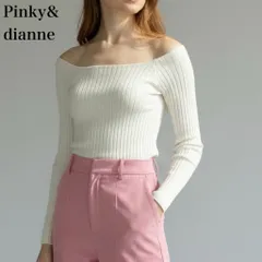 ピンキーアンドダイアン PINKY&DIANNE リヨセル ウール混 リブニット セーター プルオーバー  トップス ボートネック オフショルダー 長袖 白 ホワイト 38サイズ M相当 オフィス エレガント 上品 春秋 美品のサムネイル