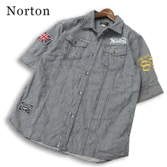 Norton ノートン 春夏★ 半袖 ヒッコリーストライプ ロゴ刺繍 デニム ワーク シャツ 大きいサイズ Sz.XL メンズ バイクのサムネイル
