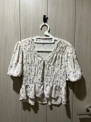 ローラアシュレイ 絹100% シルクシフォン花柄半袖ブラウス 9号 M
