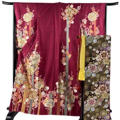 【美品】 振袖 身丈164.5cm 裄丈66cm M 袷 袋帯フルセット 菊 枝梅 金糸 金彩 赤紫 正絹 秀品 【中古】のサムネイル