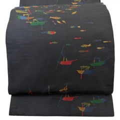 【美品】 袋帯 名品 木屋太 落款 漁 魚 紺色 六通 正絹 【中古】のサムネイル