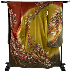 振袖 身丈167cm 裄丈67.5cm L 袷 片輪車 熨斗 金彩 ぼかし 赤茶 正絹 秀品 【中古】のサムネイル